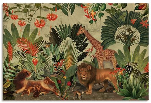 ARTLAND Wanddeko Leinwand Bilder Wandbild 60x40 cm Tiere exotische Pflanzen Löwe Giraffe Dschungel Afrikas Vintage U5HC
