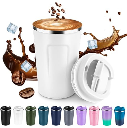 Volhoply 340ml 12oz Double Wall Insulated Vacuum Travel Coffee Mug with Flip Lid,Reusable Stainless Steel Leak Proof Coffee Cup,Iced Cafe Thermal Tumbler Suitable for Hot&Cold Drinks(White,1 Set)