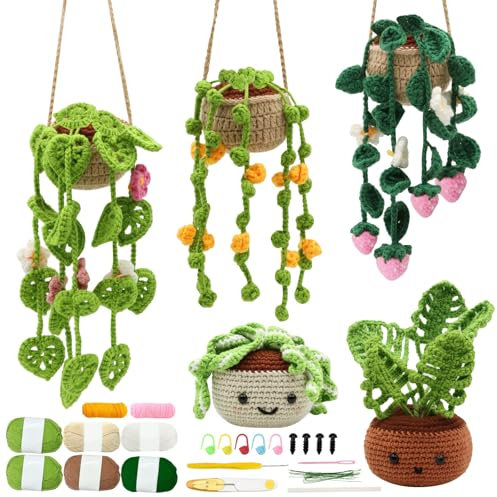 Soleeya Crochet Kit for Beginners 5 Pcs Potted and Hanging Plant Crochet Kit Flowers Knitting Kit for Adults Learn to Crochet Including Yarn Tools and Video Tutorials, DIY Crocheting Craft Gifts