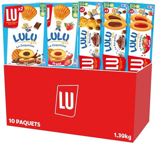 LU - La Boîte LULU - Assortiment de 10 Paquets : Barquette Chocolat Noisettes (x3), Coqueline Chocolat (x2), L'Ourson Chocolat (x2), Barquette Fraise (x2), Coqueline Fraise (x1) - Lot de 1,39kg