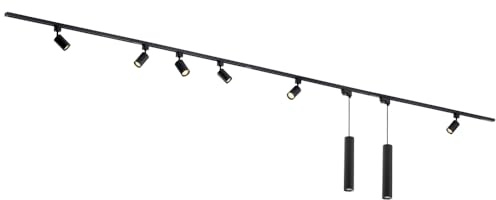Qub Focus III 1-Phasen Led Schienensystem Komplettset - 400cm - Set 6 Spots und 2 Pendelleuchten - 4x 1m Licht Schienensystem - I-Form - GU10 & LED-Kompatibel - Erweiterbar & flexibel - Schwarz