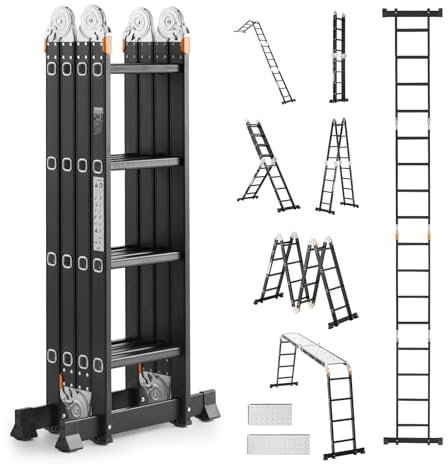 VEVOR Scala Pieghevole Multiuso, Scala a Pioli Estensibile Alta, Struttura a A con 4 Gradini e Scala Telescopica per Ponteggi, Altezza 4,7 m, Scala per Impieghi Gravosi, Capacità 149,7 kg per Casa