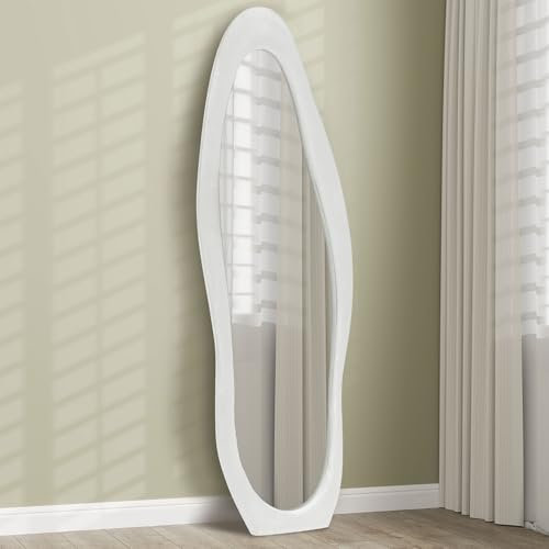 HOMCOM Irregular Wavy Mirror Full Length 160x50cm, Arched Floor Standing Mirror, Leaning or Wall Mounted, Velvet Wrapped Floor Mirror for Bedroom, Living Room, White
