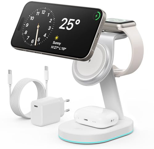 3 in 1 Caricatore Wireless Stazione, Certificato Qi2 15W Mag-safe Ricarica Rapida Caricabatterie Wireless Phone Charger Holder per iPhone 16/15/14/13/12 Serie, Apple Watch, Air-Pods ecc - Bianco
