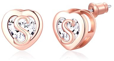 Heart Initial Stud Earrings 14K Rose Gold Plated CZ Hypoallergenic Alphabet Letter Initial Earrings Birthday Gifts for Women (Rose Gold S)