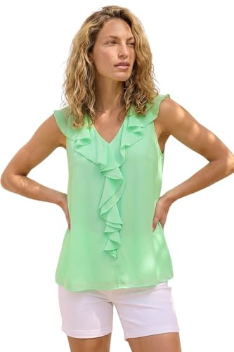 Roman Women Frill Front Vest Top Ladies Ruffle Blouse Summer Spring Special Occasion Evening Holiday Cruise Cocktail Party Short Long Sleeve Sleeveless V-Neck - Mint - Size 20