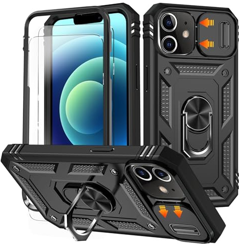 HpulaCase for iphone 11 Case with Camera Cover Slider, 2*Screen Protectors,Build in 360°Rotating Ring Kickstand, Military Grade Protective Case for iphone 11 6.1-Black