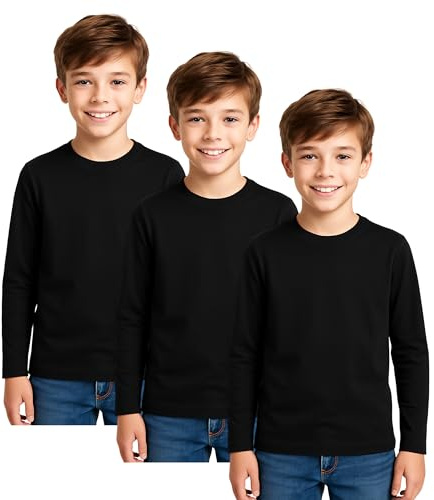 biyya® 3 Pack Boys Girls Long Sleeved Top Round Neck Kids T Shirts Soft Cotton Top 5-14 Years (KSTS-67-C, 13-14 Years)