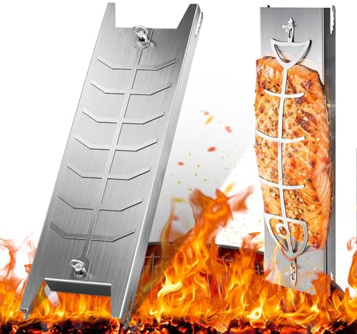 Set de 2 Tablas para Salmón a la Llama de Acero Inoxidable – 59×16×3,7 cm y 52×11,5×3 cm – Soporte BBQ Ajustable para Pescado, Carne y Verduras – Antióxido, Resistente al Calor y Reutilizable