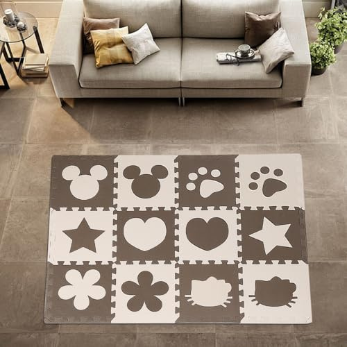 Puzzlematte Baby, Geruchlos & Wasserdicht Krabbelmatte für Jungen & Mädchen, Boden Krabbelmatte, Kinderzimmer, Puzzleteppich, Ausführung C (12 Teile, beige und braun)