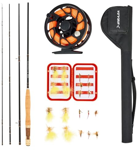 VEVOR Kit Canne et Moulinet Complet, Ensemble de Pêche à la Mouche, pour Pêcheur Voyage, Canne à Pêche en Carbone IM7, avec Housse, Boîte à Pêche, 6 Hameçons à Queue Courte et 4 à Queue Longue