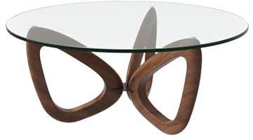 SEIFE Mesa de Centro Redonda de Cristal - Mesa de Centro de Estilo Moderno de Mediados de Siglo con Estructura de Madera de Nogal para Sala de Estar, Tablero de Cristal Transparente(A,60cm/23.6in)
