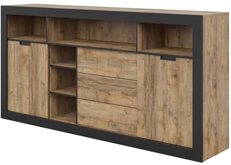 Masseno Kommode Davor 220 cm Sideboard mit 3 Schubladen und 2 Türen für Wohnzimmer Schlafzimmer Modern 220x45x109 cm Eichefarben/Eichefarben