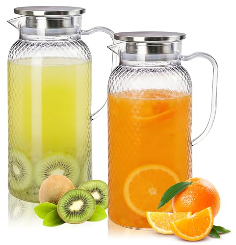 2 Stück Acryl Krug, 1800ml Wasserkrug Pitcher, Kunststoff-Krug mit Deckel, Acryl Transparenter Karaffe Krug, Wasserkrug für Kühlschrank mit Griff für DIY Getränke, Saft, Tee