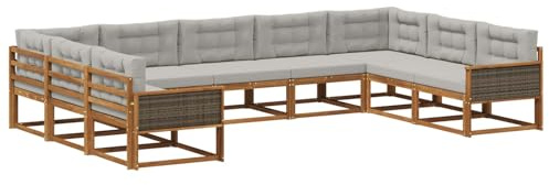 vidaXL Outdoor-Sofagarnitur mit Kissen 9 pcs Natürlich und Hellgrau, Zeitgemäße Gartenmöbel, modernes Sofa-Set, gemütliche Lounge für den Pool, Sitzgruppe für den Garten