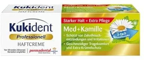 Kukident Crema adhesiva profesional Med + manzanilla – Adhesivo para dentaduras postizas – Sujeción fuerte, protección extra de encías – 1 x 40 g