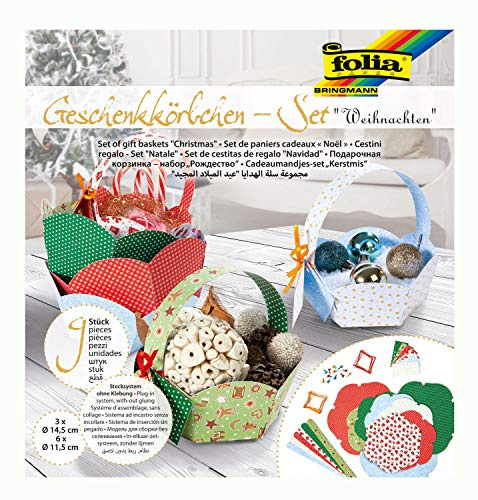 folia 965 - Geschenkkörbchen - Set Weihnachten, Bastelset für 9 Körbchen mit einfachem Stecksystem ohne Kleber, für liebevoll verpackte Kleinigkeiten zu Weihnachten