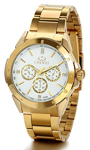 JewelryWe Montre Homme Quartz d'affaire Commercial Décoration Trois Yeux Cadran Alliage Bracelet Acier Inoxydable Couleur Or Blanc avec Sac Cadeau