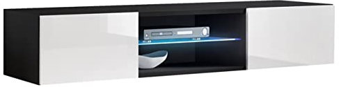 MB Muebles Bonitos, Meuble TV Mural Tibi avec Lumière LED pour Salon Moderne, Suspendu au Mur, 1 Porte 3 Compartiments, Couleur Noir et Blanc, 160x30x38.5 cm
