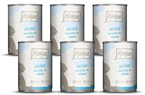 MjAMjAM - Premium Nassfutter für Katzen - zarte Ente & Geflügel an leckeren Möhrchen, 6er Pack (6 x 400 g), getreidefrei mit extra viel Fleisch