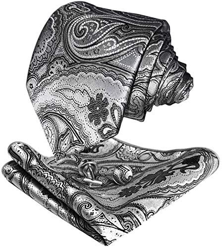 CANGRON Herren Silbergraue Paisley-Krawattenset-Krawatte mit quadratischer Manschettenknöpfe-Geschenkbox DLSP8YH
