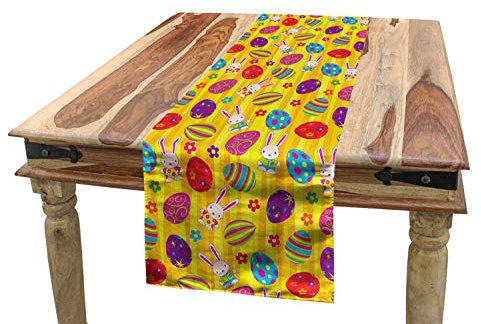 ABAKUHAUS Ostern Tischläufer, Hasen-Gänseblümchen Funky, Esszimmer Küche Rechteckiger Dekorativer Tischläufer, 40 x 180 cm, Gelb Mehrfarbig