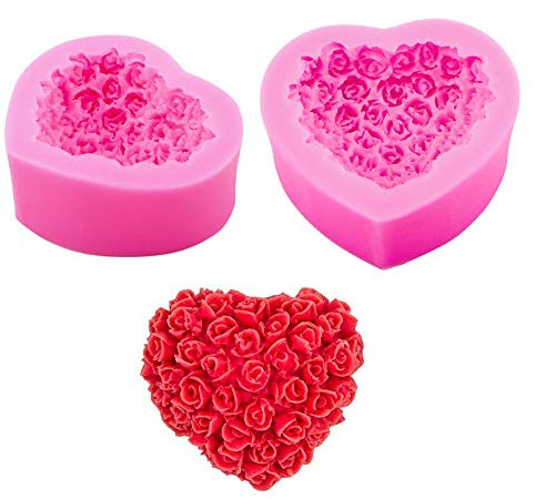 WANDIC - Stampo in silicone, set di 2 stampi per sapone a forma di cuore 3D per candele di sapone, giocattoli fai da te, decorazioni decorative artigianali rotonde e rettangolari