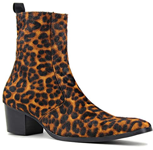 OSSTONE Chelsea cowboy Stiefel für Männer High Heels boots men Herren Kleid Schuhe Reißverschluss leder Leoparden OS-JY012-DE，Braun，Mens size EU44.5