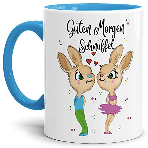 Tasse mit Spruch Hasenliebe - Guten Morgen Schnuffel - Geschenk-Idee/Süßer Hase/Kaffee-Tasse/Ostern/Liebe - Innen & Henkel Hellblau