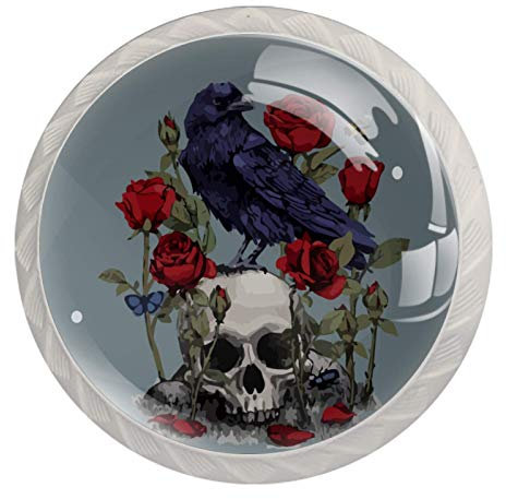 Lot de 4 boutons de porte d'armoire, de tiroir, d'armoire, de tête de mort de corbeau