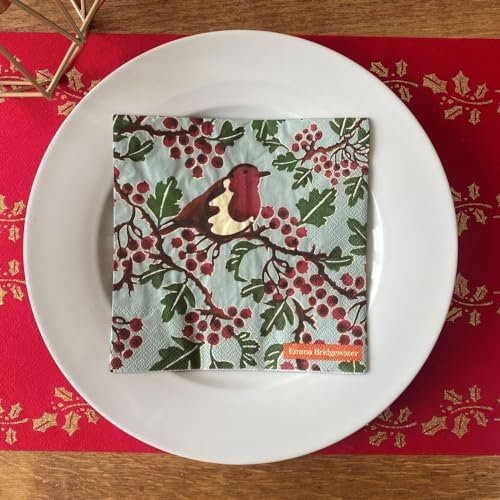Emma Bridgewater Hawthorn Berry Rotkehlchen Weihnachten Hellgrün - IHR Papier-Tisch-Servietten 33 cm Quadratisch 3-lagig 20 Stück in einer Packung