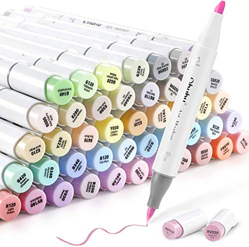 Ohuhu Colouring Pens 48 Pastel Colours Permanent Marker Pens Dual Tip Brush & Chisel Sketch Marker for Artist, Students, Brush Markers for Coloring Calligraphy Drawing (Sweetness)