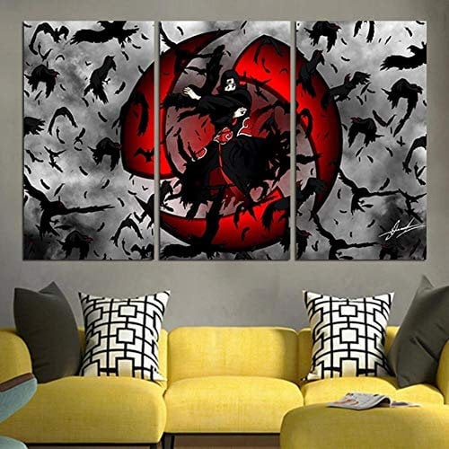 DDSDA Bilder 3 teiliges Leinwandbild Gesamtformat: 90x50cm Vlies Leinwandbild Itachi Uchiha Krähen-Jutsu 3 Teilig Kunstdruck modern Wandbilder Bilder Kunstdruck auf Wandbild mit Rahmen