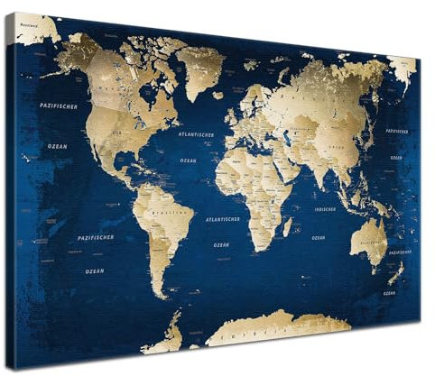 LANA KK Stilvolle Pinnwand Weltkarte - Ocean - Deutsch in 80 x 60 cm, stabile Rückwand zum Pinnen inkl. Starterkit - Leinwand-Kunstdruck Wandbild Landkarte XXL