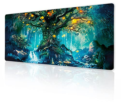 Green Magical Tree Life Gaming Mouse Pad XL Fantasy Nature Forest Aesthetic Extended Big Large Desk Mat Non-Slip Rubber Base Stitched Edge Long Keyboard Mousepad for PC Computer Laptop,31.5×11.8 inch