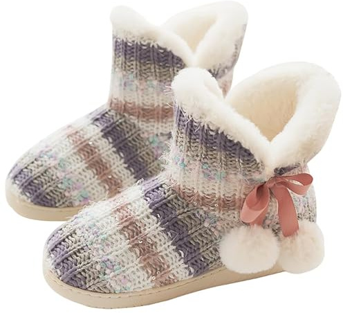 BUGUKI Slipper Boots Women Winter Knit Booties Slippers Ladies Ankle Fur Lined Memory Foam House Shoes Indoor Outdoor Multicolor 37 38