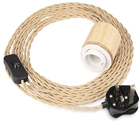 Teynewer 5m Pendant Light Ceiling Lighting Fitting, E27 Lamp Holder Suspended Kit with Plug in Cord Nylon Rope Pendant Lights Rustic Hanging Lamps with Wooden Socket and On/Off Switch-UK Plug