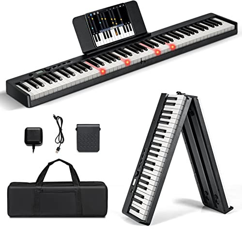 COSTWAY Piano Numérique Pliable à 88 Touches avec Pupitre,Clavier Electrique Portable avec Touche Lumineuse,2 Modes d'Apprentissage, MP3/USB/MIDI, Débutant Enfants de 3 Ans+ (126x20,5x6cm Noir)