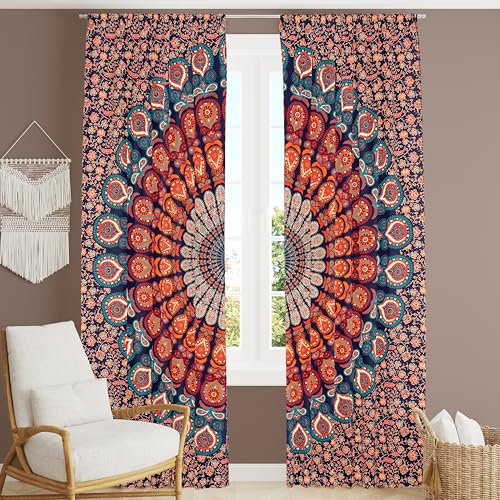 Bless International Schöner indischer Bohemian-Psychedelischer Hippie-Pfauen-Mandala-Fenstervorhang für Schlafzimmer, Wohnzimmer, Dusche und Balkon (63,5 x 188 cm) Goldblau