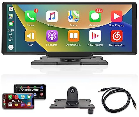 Portable Wireless Carplay Screen Stereo 10.3 inch HD Car Buddy Touchscreen Radio, Apple Car Play & Android Auto FM Transmission Bluetooth for 7V-32V Vehicles