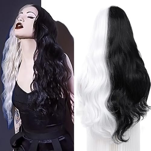 PORSMEER Halb schwarze halb weiße Perücke Lange gelockte gewellte Mittelscheitel Synthetische hitzebeständige Perücke für Frauen/Mädchen Kostüm Halloween Wig
