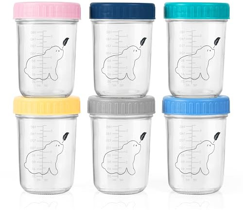 Budding Bear Petit Pot Conservation Bébé Verre 240ml (Lot de 6) - Pot Bebe Repas Réutilisables Compatible Lave-Vaisselle, Congélateur, Micro-Ondes (Sans Couvercles) - Sans BPA, Phtalate, Plomb & PVC