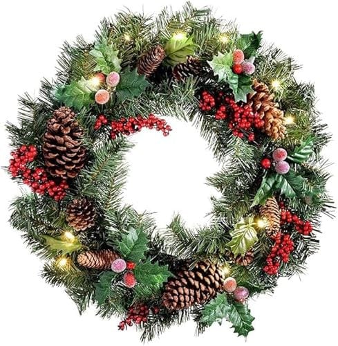 PAIKOE Christmas Wreaths for Front Door, Christmas Wreath with Light, Artificial Wreaths for Indoor Outdoor Window Fireplace Wall Decor Home Christmas Decorations (40 cm)