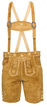 STEIGENHÖFER Lederhose Herren Tracht kurz - Anton - Trachtenhose mit Trägern - 100% Rindsleder - Traditionelle Echtlederhose - Ideal für Dein Oktoberfest Herren Outfit - Hellbraun - 48