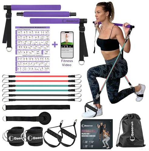 Tragbare Pilatesstange und Widerstandsbandstange mit Griffen, inklusive Türankern, Knöchelriemen und Verlängerungsgurten – mit Fitness-Postern und Videos