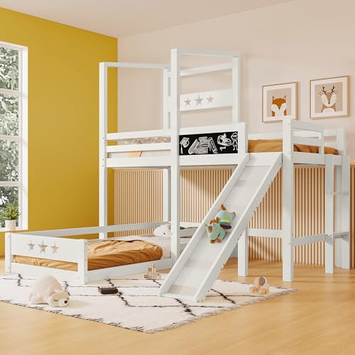 kubeier Hausbett Kinderbett mit Leiter und Fallschutz, Etagenbett mit Tafel und Rutsche 2 Kinder 90 x 200cm, Hochbett für Kinder, 2X Lattenrost, Stockbett Jugendbett, Hausbett aus Massivholz