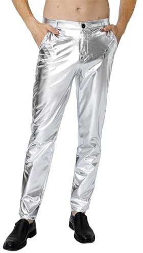 COSAVOROCK Herren Paillettenhose 70er Jahre Disco Metallic Hose Kostüm Outfits Silber 38W