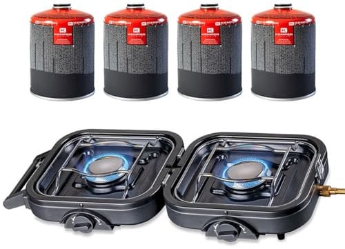 KEMPER - Réchaud gaz pliable 2 feux 4600 W Bruleur Acier inoxydable + 4 cartouches de gaz 7/16