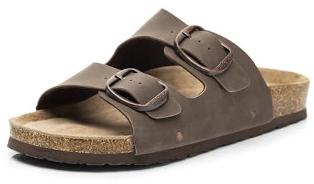 FITORY Womens Flat Sandals with Cork Footbed, Open Toe Slides Adjustable Slip On Slippers for Summer Brownish Yellow Size 6.5
