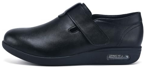 GYCF Chaussures de Marche de Diabète,Chaussure Pied Large Femme en Cuir Chaussures Réglable Fermeture Scratch Chaussons pour œdème Pieds Enflés Fasciite Plantaire,Noir,40EU